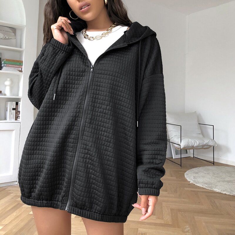 

Drawstring Hooded Zip Up Sweatshirt, Black