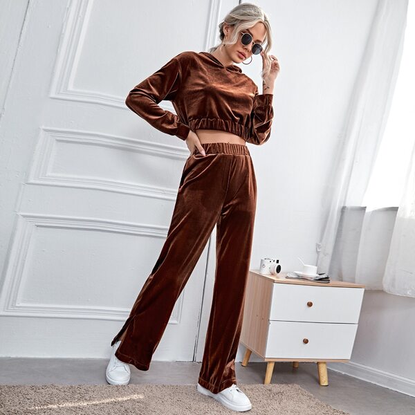 

Velvet Crop Hoodie With Split Hem Pants, Chocolate brown