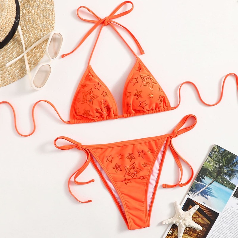 

Rhinestone Star Halter Tie Side Bikini Swimsuit, Orange