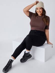 SHEIN BASICS 大碼小高領合身上衣 - 巧克力棕 - 查看 1