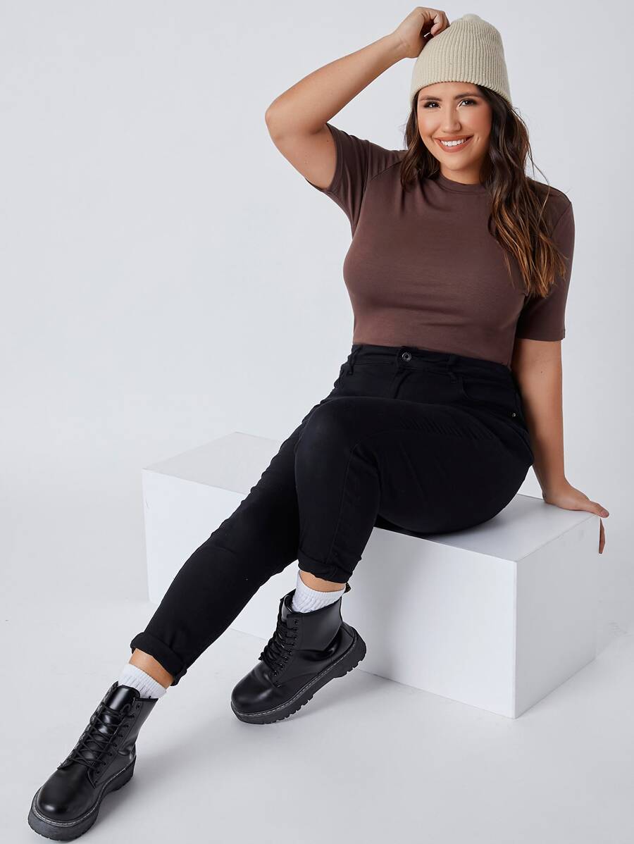 SHEIN BASICS 大碼小高領合身上衣 - 巧克力棕 - 查看 1