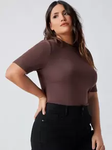 SHEIN BASICS 大碼小高領合身上衣 - 巧克力棕 - 查看 3