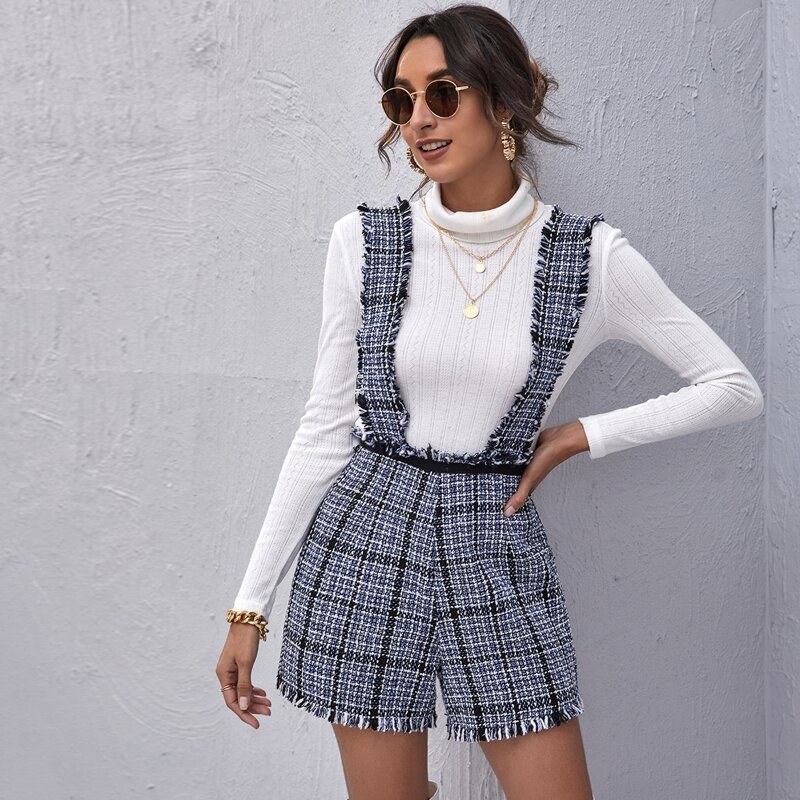 

Frayed Trim Strap Tweed Romper, Multicolor