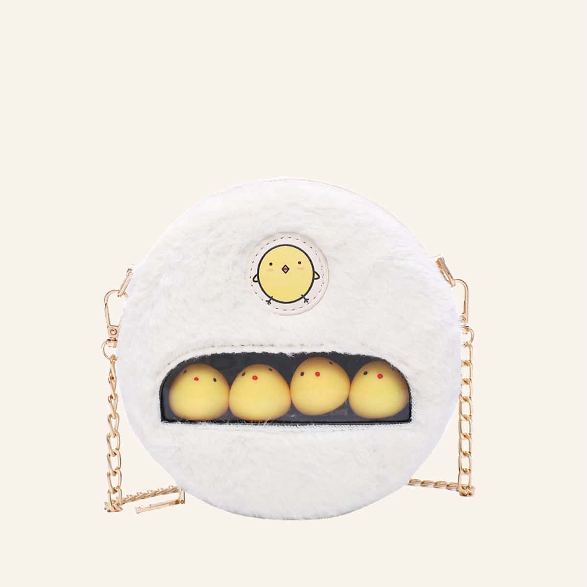 

Cartoon Chick Round Fluffy Crossbody Bag, White