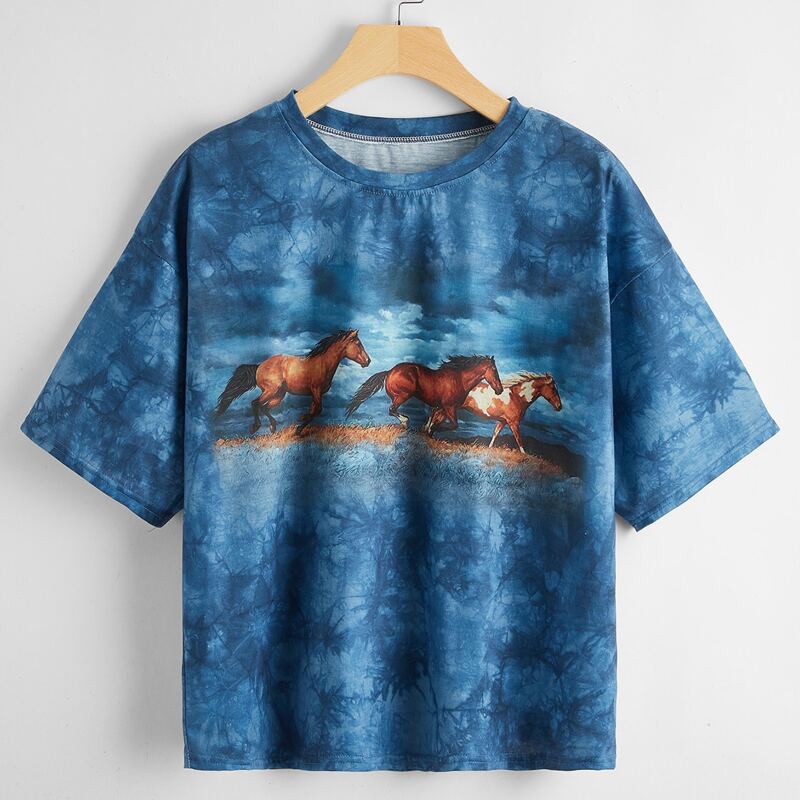 

Horse Graphic Tie Dye Oversized Tee, Blue
