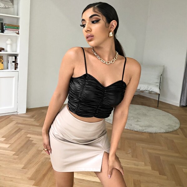 

Ruched PU Leather Crop Cami Top, Black