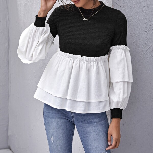 

Lantern Sleeve Ruffle Hem Top, Black and white