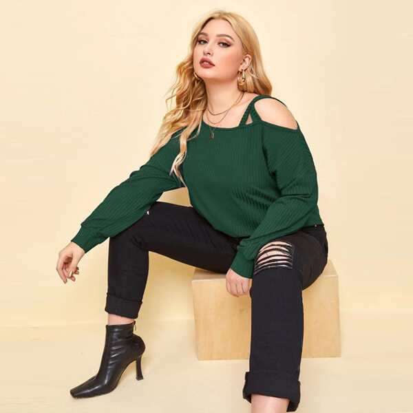 

Plus Asymmetric Neck Drop Shoulder Solid Tee, Dark green