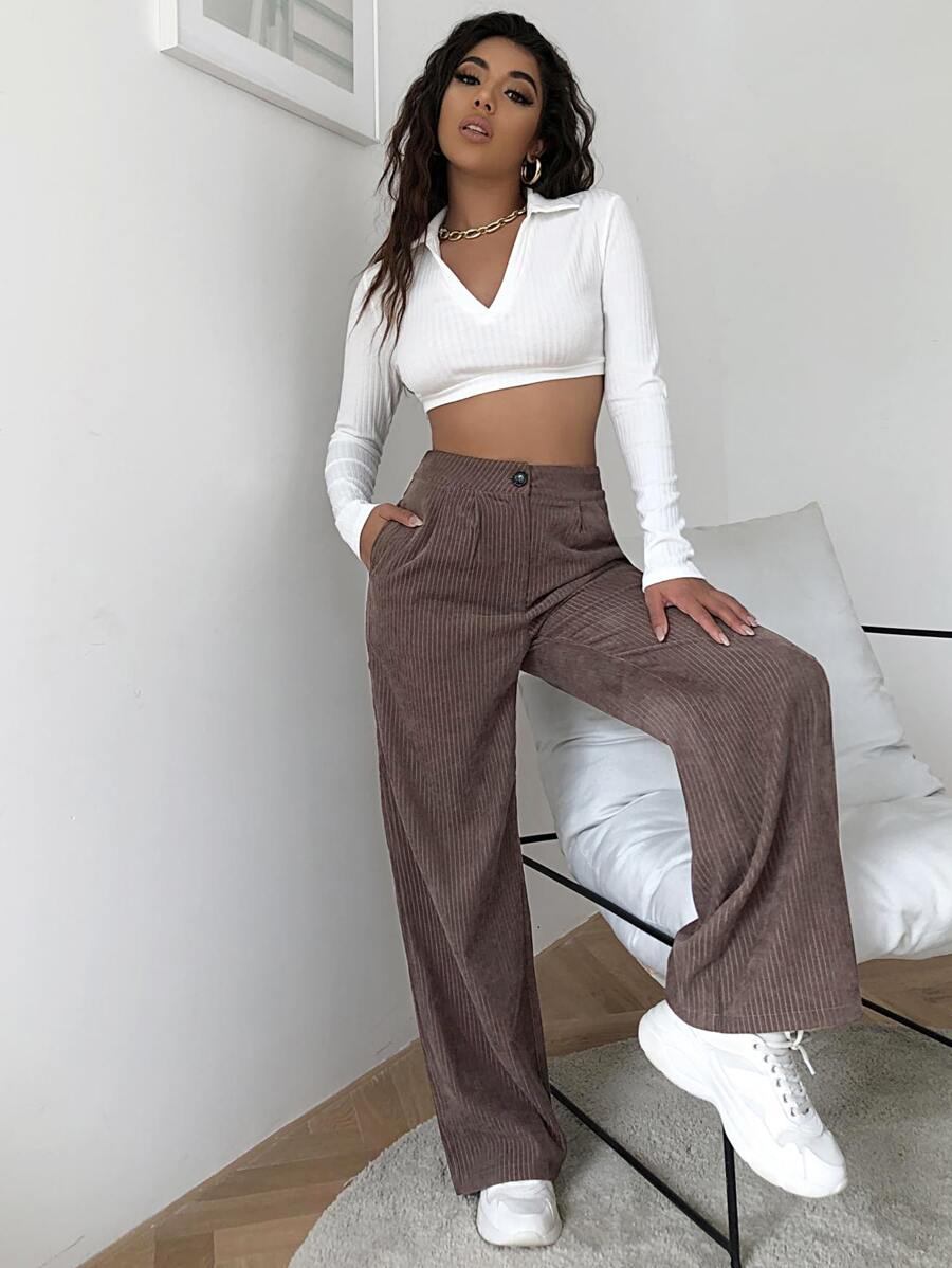 SHEIN EZwear High Waist Cord Wide Leg Pants - Coffee Brown - View 1