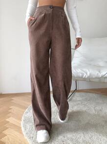SHEIN EZwear High Waist Cord Wide Leg Pants - Coffee Brown - View 3
