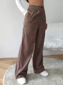 SHEIN EZwear High Waist Cord Wide Leg Pants - Coffee Brown - View 5