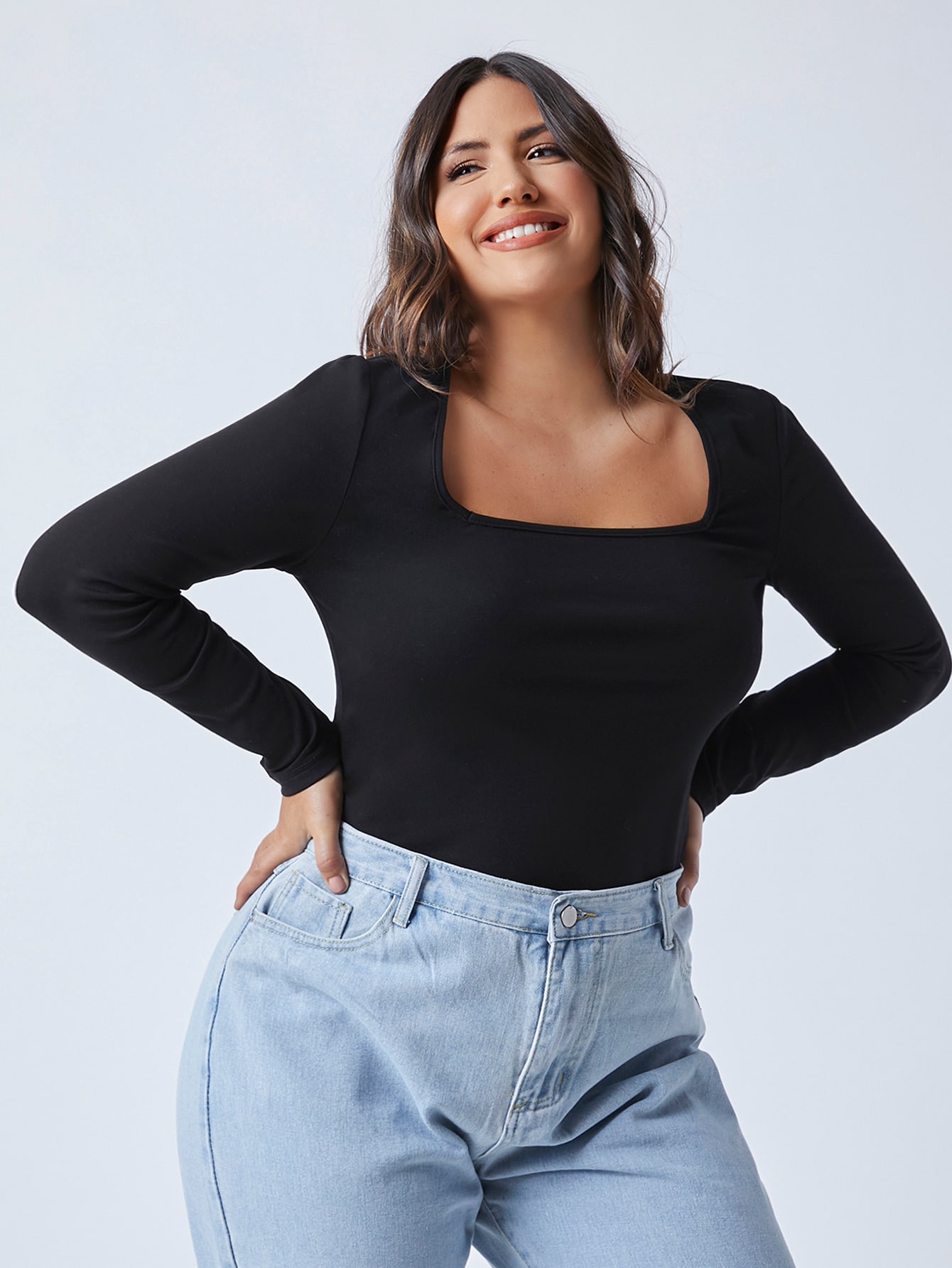 Plus Square Neck Solid Form Fitted Tee thumbnail