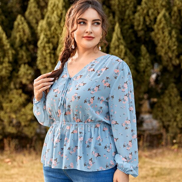 

Plus All Over Floral Print Bishop Sleeve Peplum Blouse, Baby blue