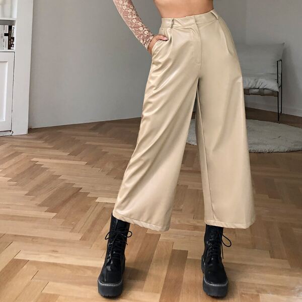 

High Waist PU Leather Wide Leg Pants, Khaki