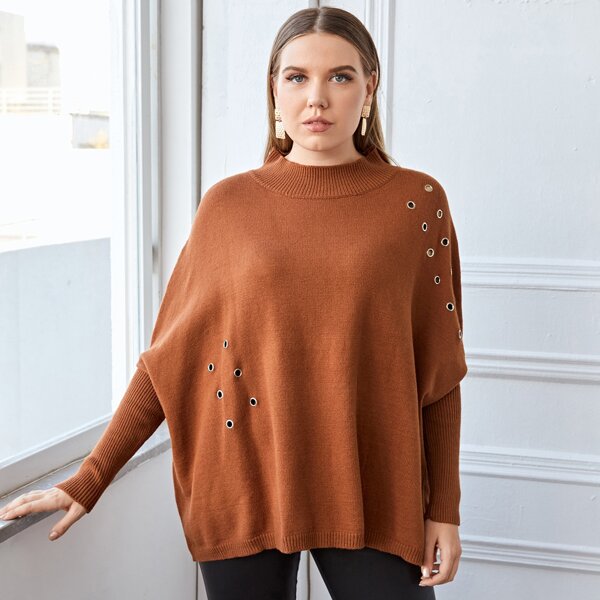 

Plus Drop Shoulder Garment Eyelets Detail Sweater, Brown