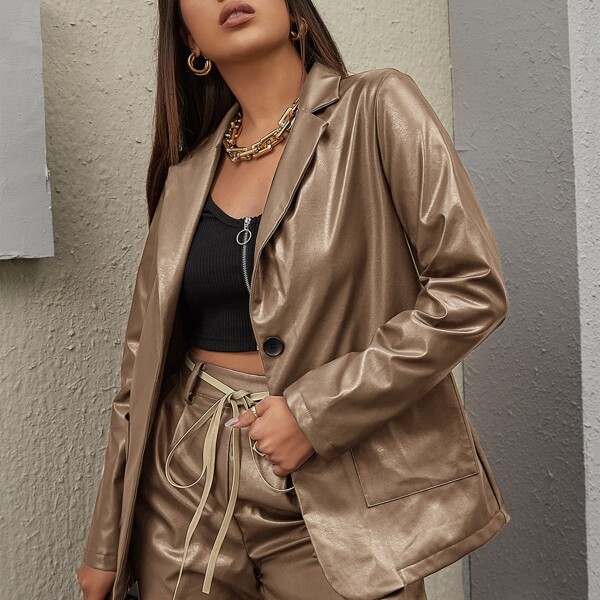 

Peak Collar Pocket Front PU Leather Blazer, Camel