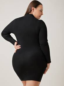 SHEIN BASICS Plus Cotton Mock Neck Solid Form Fitted Dress - Black - View 2