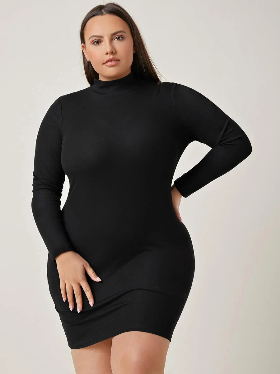 SHEIN BASICS Plus Cotton Mock Neck Solid Form Fitted Dress - Black - View 1