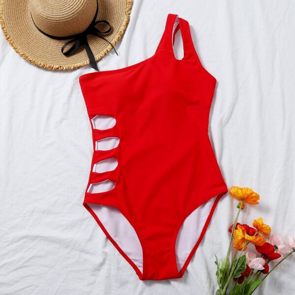 

Cut Out One Shoulder One Piece Swimsuit, Red