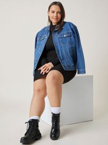 SHEIN BASICS Plus Cotton Mock Neck Solid Form Fitted Dress - Black - View 4