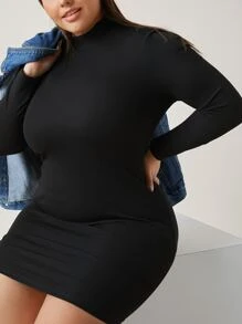 SHEIN BASICS Plus Cotton Mock Neck Solid Form Fitted Dress - Black - View 5