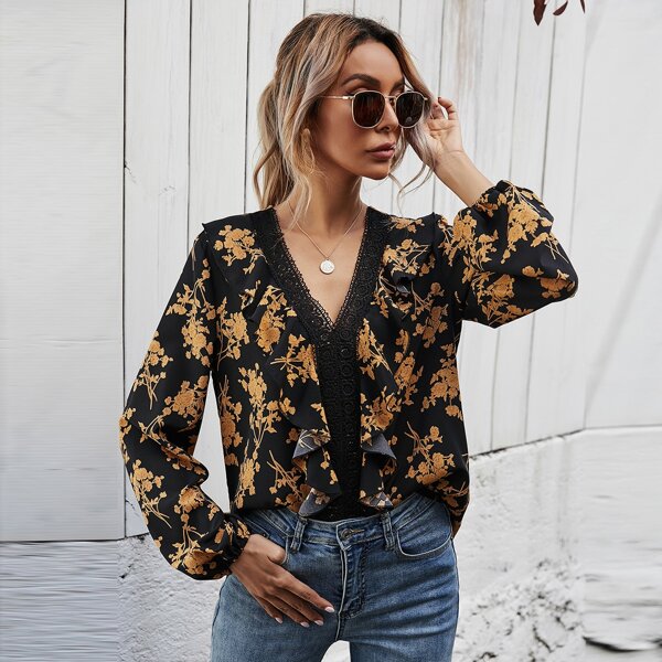 

Allover Floral Guipure Lace Trim Blouse, Multicolor