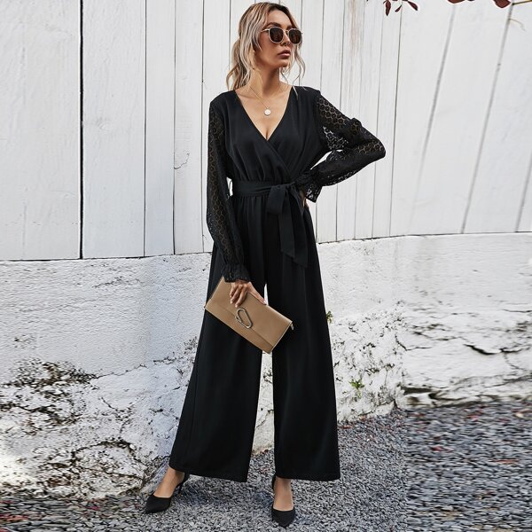 

Contrast Lace Surplice Front Belted Wide Leg Jumpsuit, Black