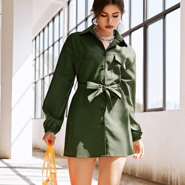 

Flap Pocket Button Front Belted Blouse, Army green