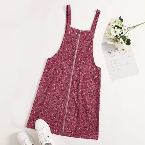 

Plus Ditsy Floral Zip Up Corduroy Pinafore Dress, Dusty pink