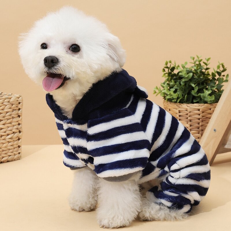 

Striped Hooded Dog Jumpsuit, Blue and white