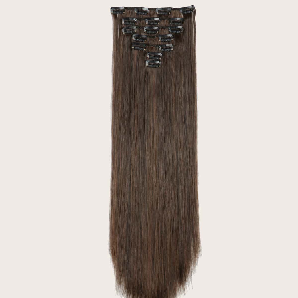 

16pcs Clip Long Straight Hairpiece, Brown