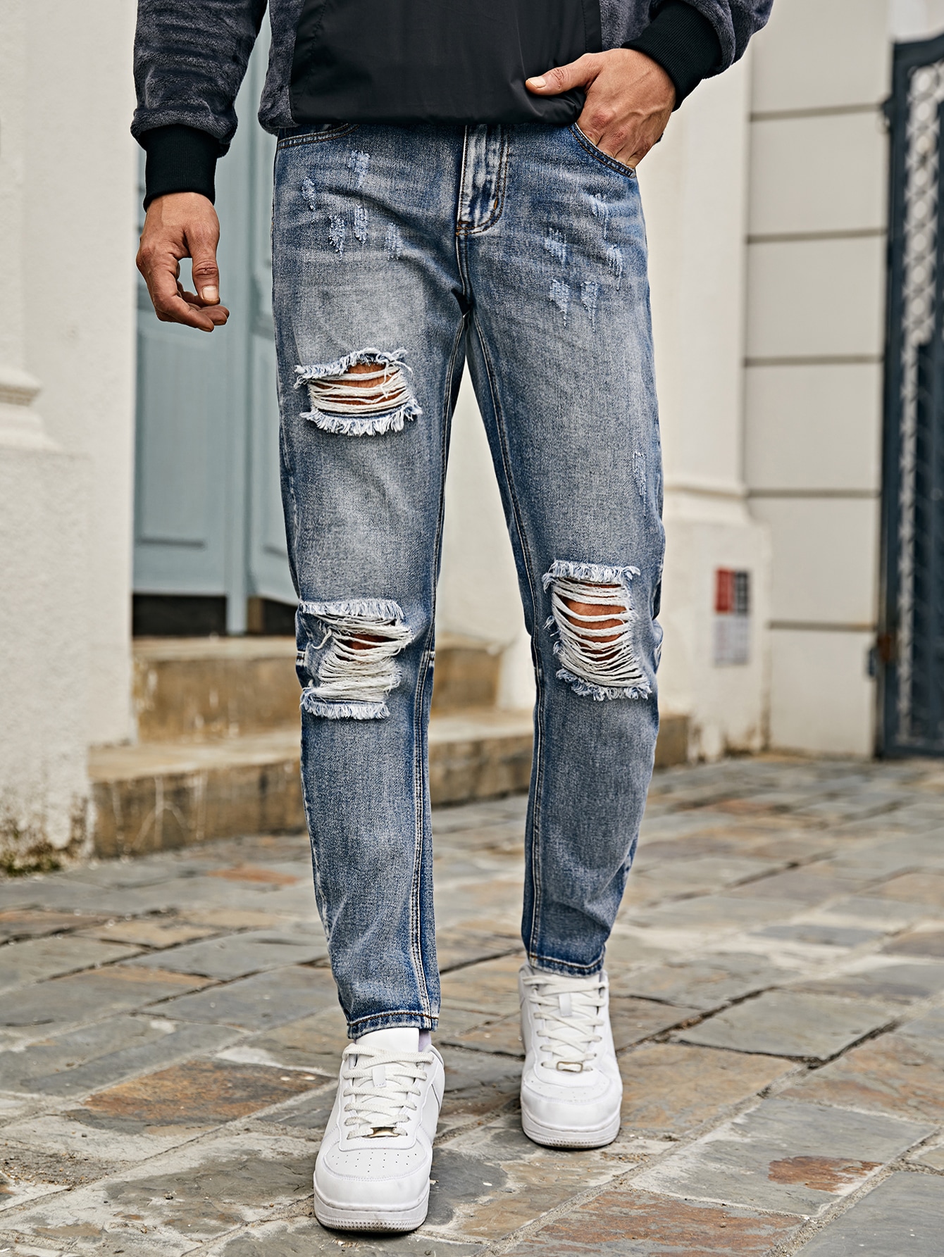 Men Stone Wash Distressed Tapered Jeans 