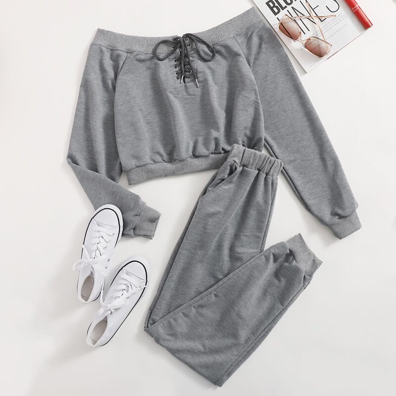 

Lace-up Off Shoulder Top & Sweatpants, Grey