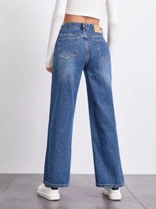 SHEIN Stone Wash Middle-Waisted Straight Jeans - Medium Wash - View 2