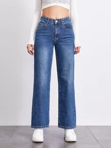 SHEIN Stone Wash Middle-Waisted Straight Jeans - Medium Wash - View 1