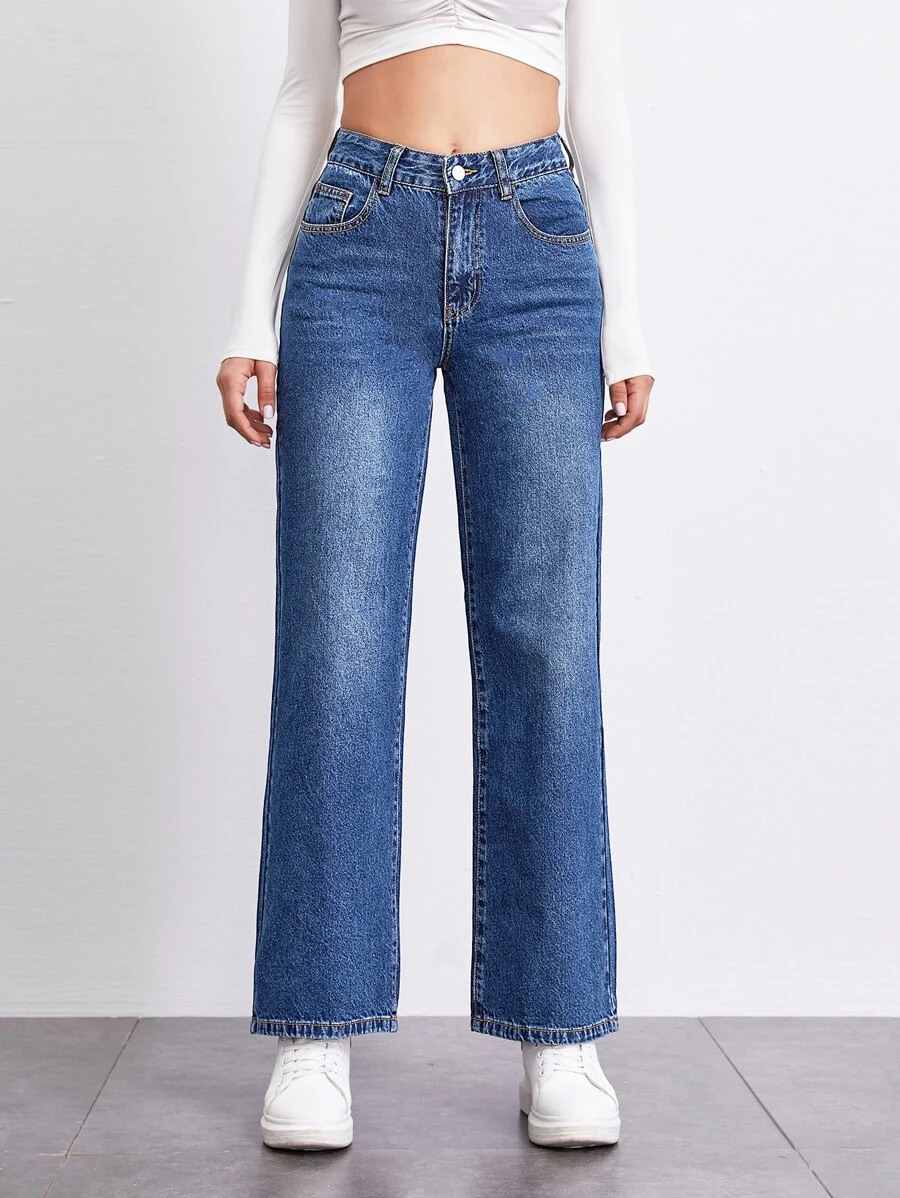 SHEIN Stone Wash Middle-Waisted Straight Jeans - Medium Wash - View 1