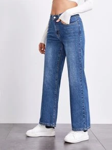 SHEIN Stone Wash Middle-Waisted Straight Jeans - Medium Wash - View 4