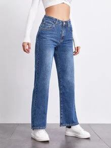 SHEIN Stone Wash Middle-Waisted Straight Jeans - Medium Wash - View 5
