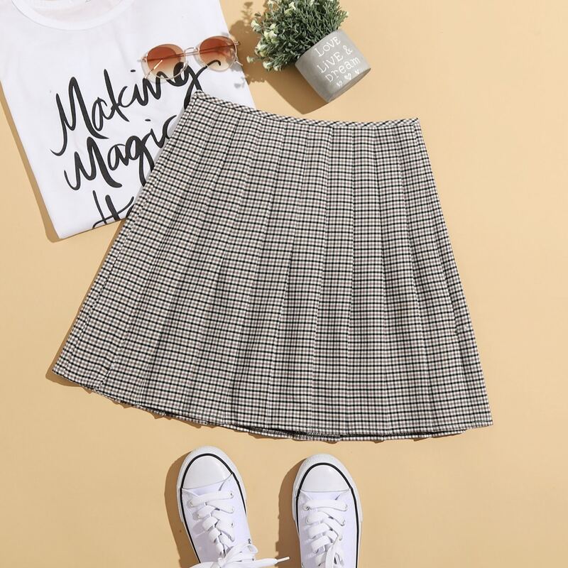 

Plaid Pleated Mini Skirt, Khaki