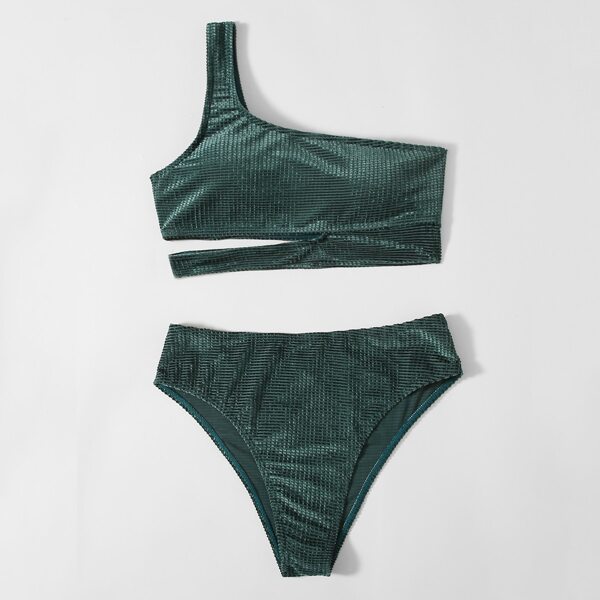 

Corduroy Cut-out One Shoulder Bikini Swimsuit, Dark green