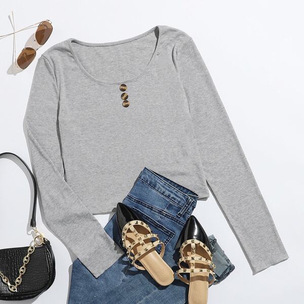 

Button Detail Rib-knit Crop Tee, Light grey