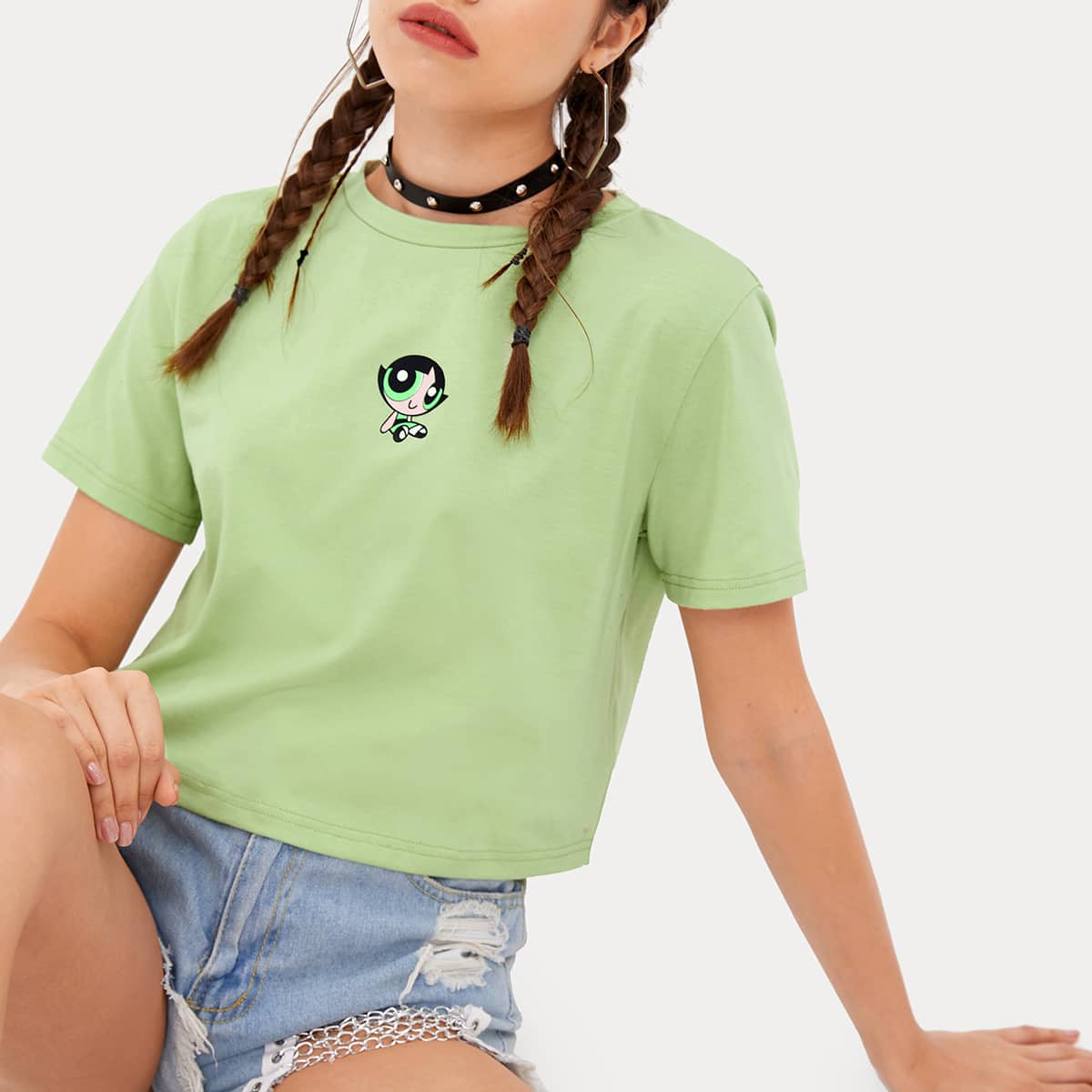 

ROMWE X The Powerpuff Girls Cartoon Graphic Tee, Mint green