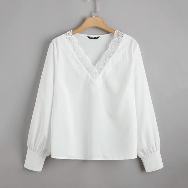 

Plus Contrast Lace Solid Blouse, White