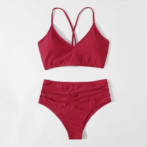 

Plain Ruched High Waisted Bikini Swimsuit, Red