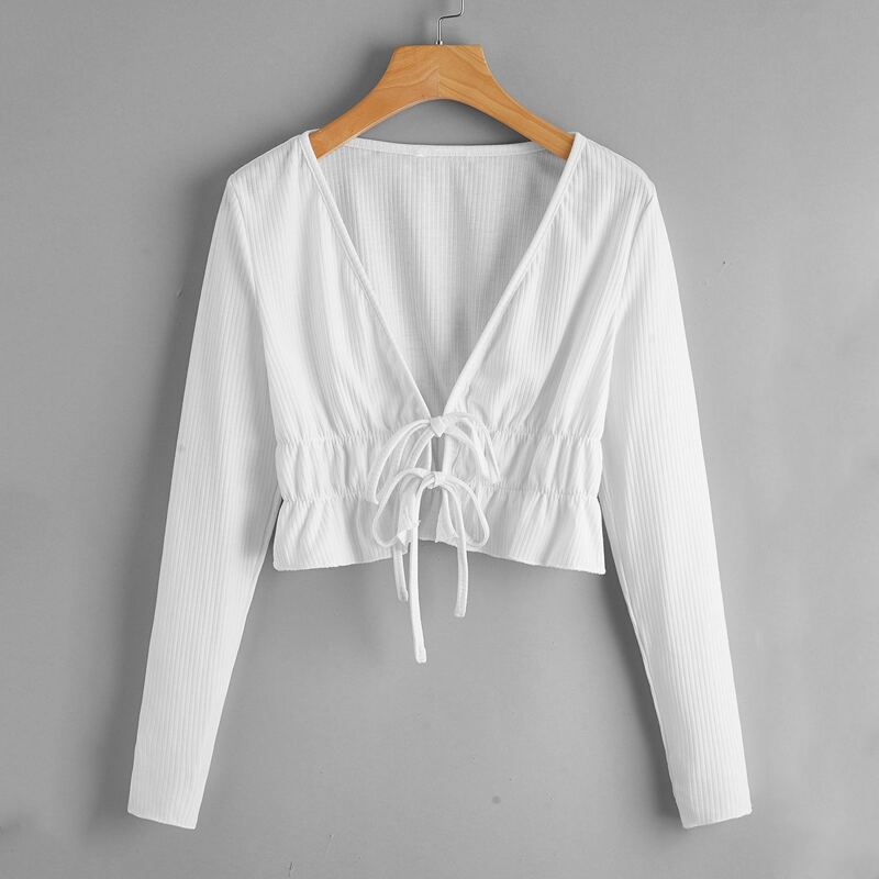 

Solid Tie Front Top, White