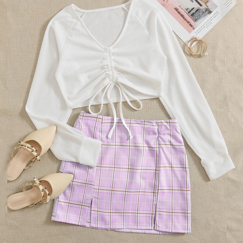 

Drawstring Top & Plaid Split Skirt, Multicolor