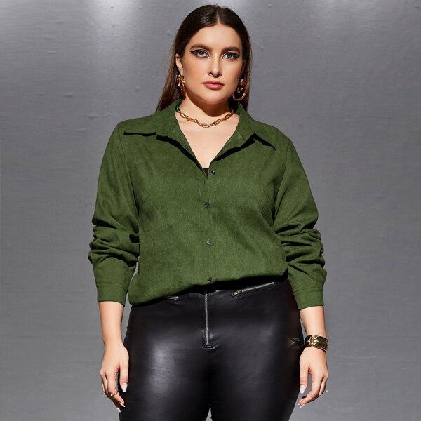 

Plus Button Front Corduroy Blouse, Army green