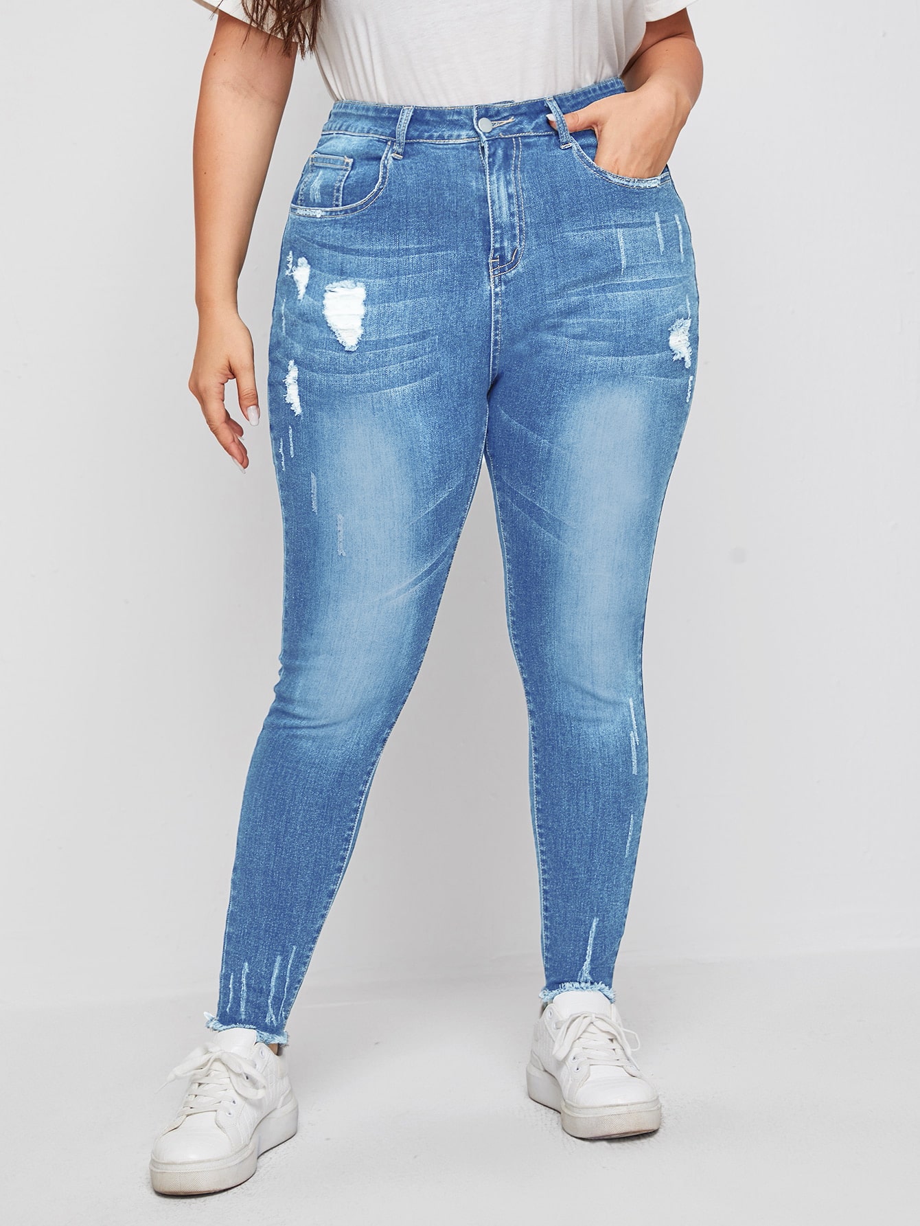 Plus High Stretch Ripped Raw Hem Skinny Jeans thumbnail