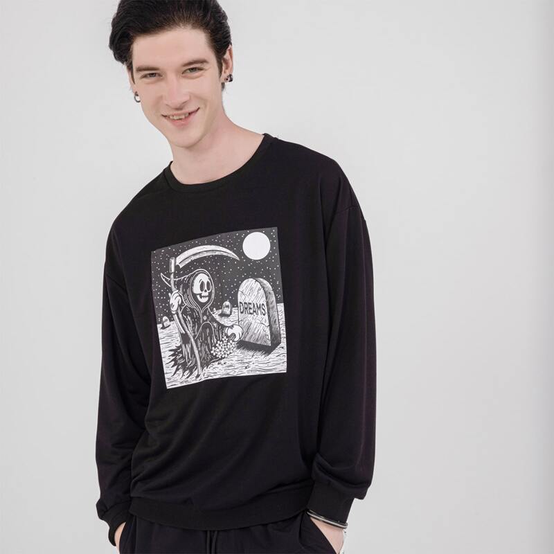 

ROMWE X Bro-oks-art Guys Halloween Skull Print Sweatshirt, Black