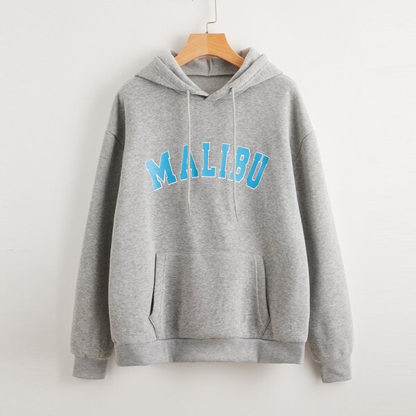 

Plus Letter Graphic Kangaroo Pocket Drawstring Hoodie, Grey